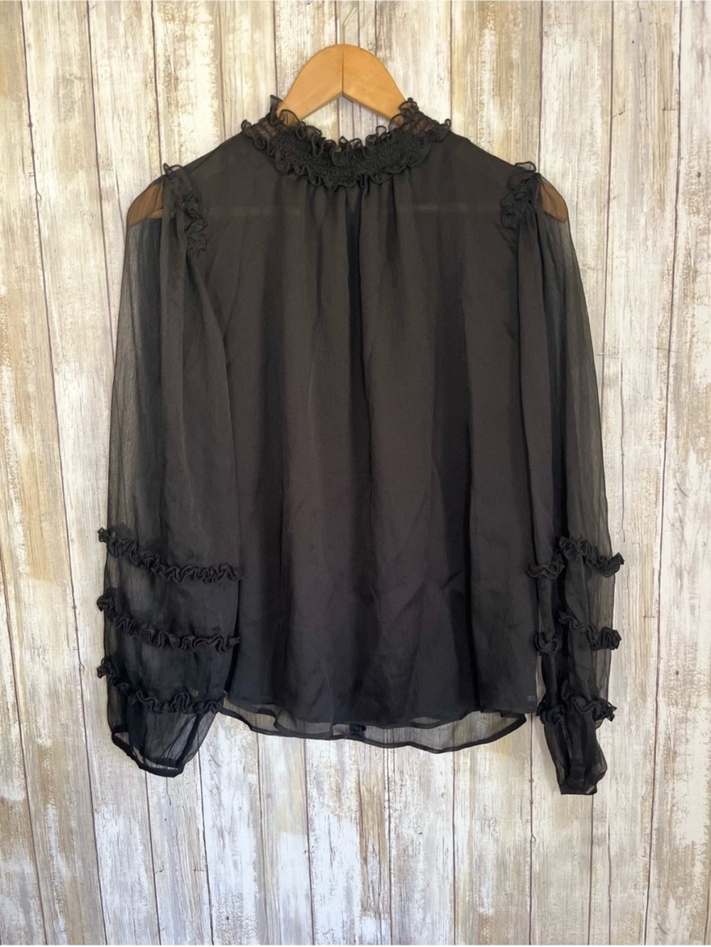 Ann Taylor Sheer Black Ruffle Blouse Romantic Boho Long Sleeve High Neck Top M - Picture 1 of 6